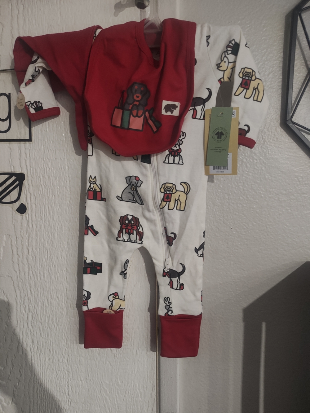 Red & White Holiday Puppy Print Baby Footless Romper